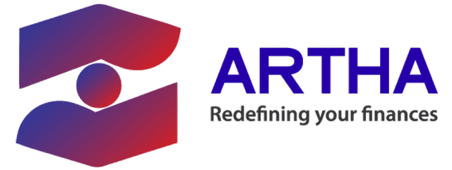 Artha: Redefining Your Finances logo, featuring two hands around a circle in the center, representing their financial advisory services.