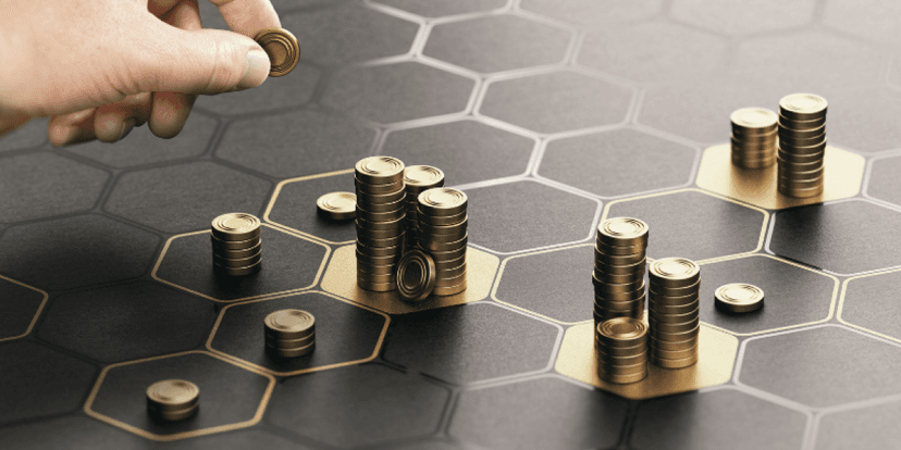 A hexagon-shaped pattern displays different numbers of gold coins in each hexagon, representing a model portfolio selection for investment.